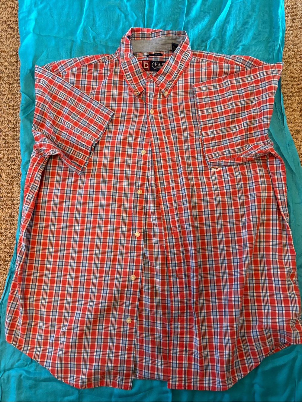Chaps Men's Red Plaid Short-Sleeve Button-Down Shirt with Blue and White Accents